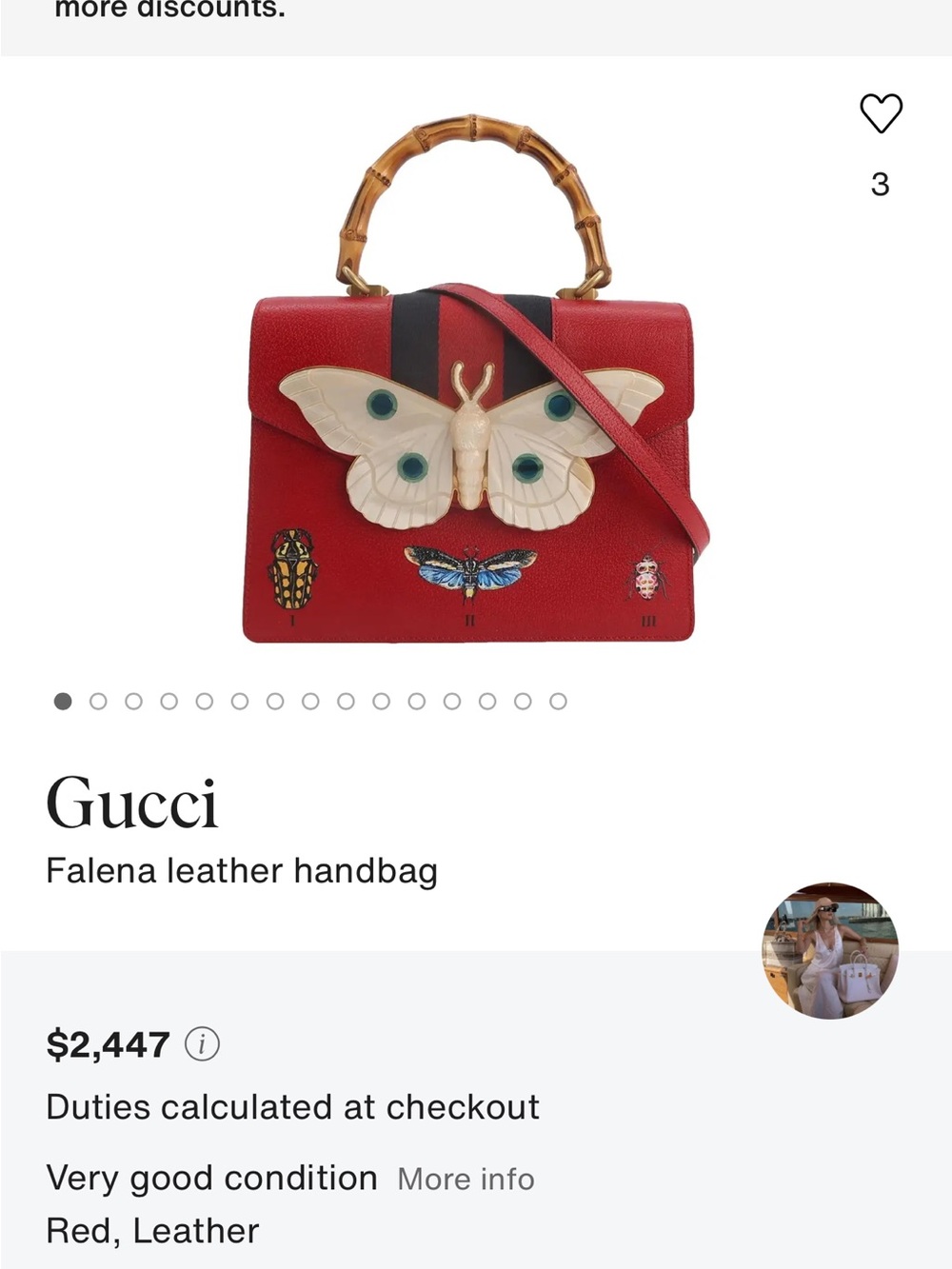 Gucci Falena shoulder bag in red calf leather with butterfly motif and bamboo - Picture 12 of 13